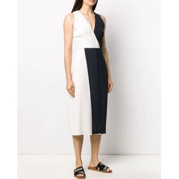 Equipment Galane Midi Dress Black White Colorblock Sleeveless V-Neck Sz 2 - Picture 2 of 13